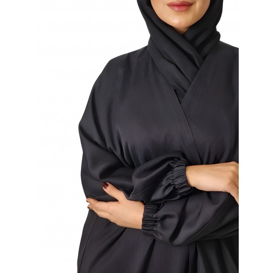 Sleek Simplicity: Plain Abaya in Korean Crepe Fabric with Elastic Sleeves and Matching Black Veil (Size 54