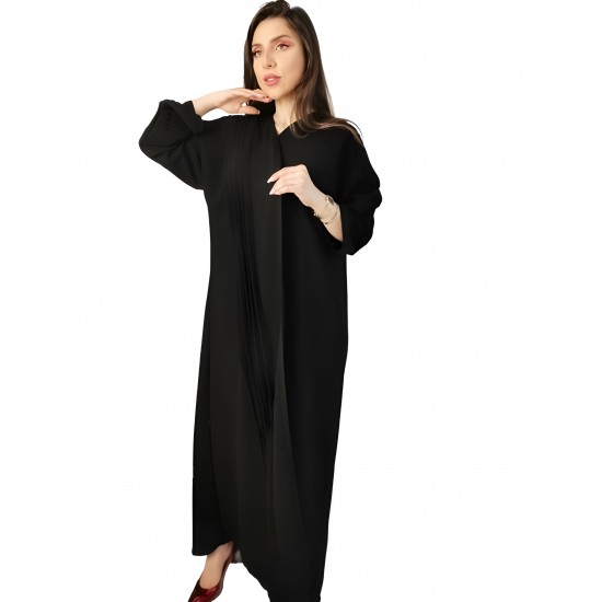 Graceful Simplicity: Light, Practical Abaya with Front Pleats, in Korean Crepe, Paired with a Plain Black Veil (Size 60