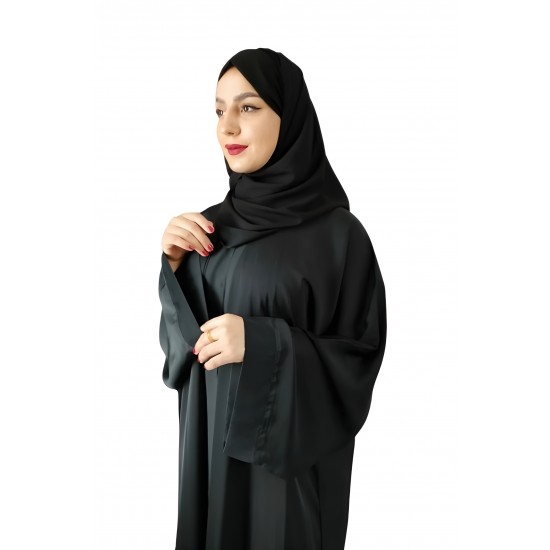 إشراقة رشيقة: عباية خفيفة بأكمام مغربية من القماش الكوري مع حجاب أسود سادة (مقاس 57