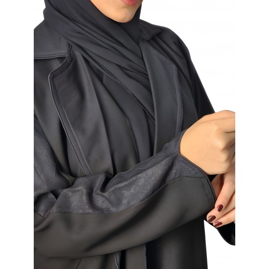 أناقة معاصرة: عباية من الكريب الكوري بتصميم أكمام وأكمام طويلة ملفوفة، مع حجاب أسود سادة (مقاس 51