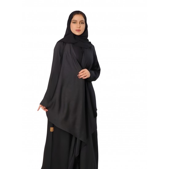 Effortless Elegance: Practical Washed Silk Abaya in Chinese Washed Silk with Wrap Long Sleeve, Accompanied by a Plain Black Veil ( Size 52