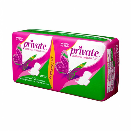 Private Extra Thin Feminine Pads, Regular Size, 18 Pieces