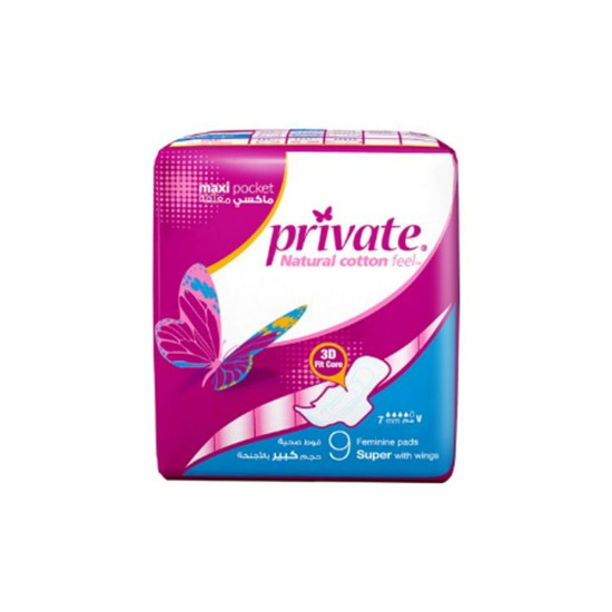 Private large feminine pads with wings, 9 pieces