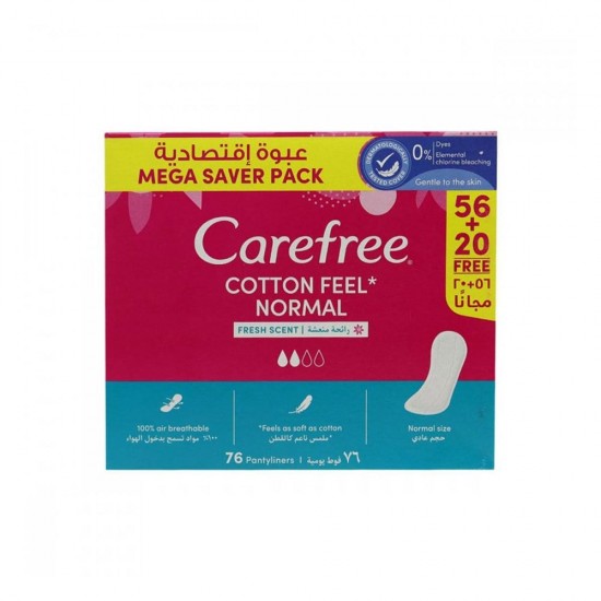 Carefree women\'s sanitary napkins, natural, fragrance-free, pack of 76 pads