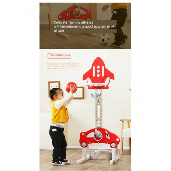 3*1 Multifunctional Rocket-Shape Basketball Set Combines Basketball Game, Football Game, and Ring Toss Game ,Red