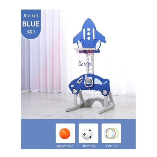 3*1 Multifunctional Rocket-Shape Basketball Set Combines Basketball Game, Football Game, and Ring Toss Game ,Blue