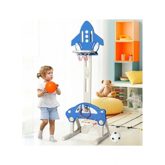 3*1 Multifunctional Rocket-Shape Basketball Set Combines Basketball Game, Football Game, and Ring Toss Game ,Blue