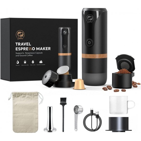Portable Espresso Maker12V Travel Coffee Machine 9 Bar Pressure Compatible with NS Capsule & Ground Coffee for Office Travel Camping Driving
