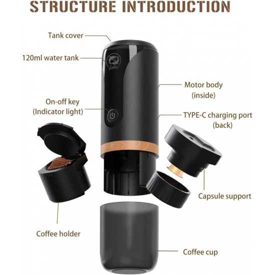 Portable Espresso Maker12V Travel Coffee Machine 9 Bar Pressure Compatible with NS Capsule & Ground Coffee for Office Travel Camping Driving