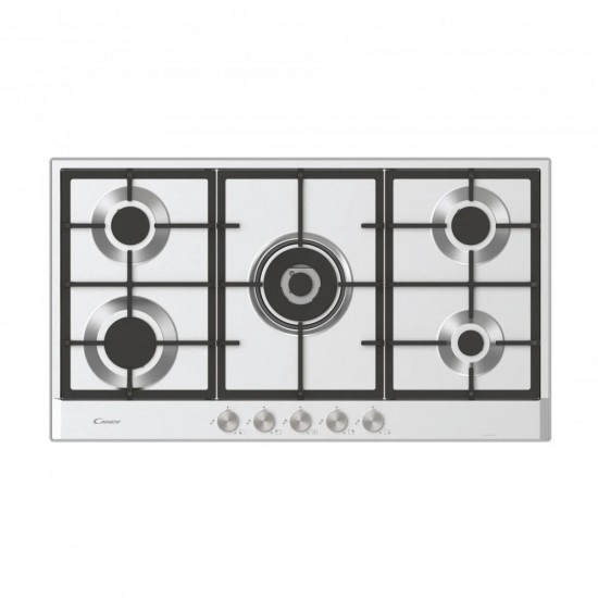 Candy built-in gas stove, size 90 cm, 5 central eyes, cast iron grille, 5 metal keys, made in Italy, Inox, model CHG938WPX SASO
