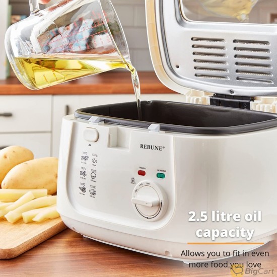 Rebune Electric Oil Fryer 2.5L Capacity with Viewing Window Easy to Clean Adjustable Temperature Control 1800W White