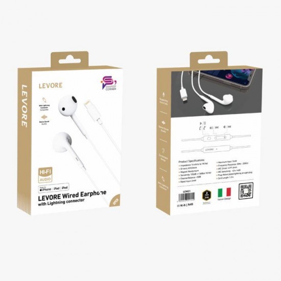Levore Wired Earphones With MFI Lightning Connector 1.2m - White