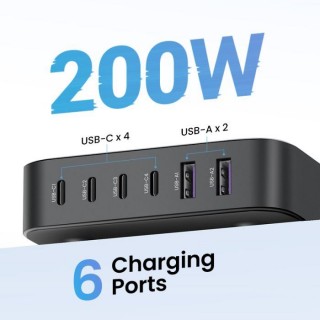 200W USB C Desktop Charger - 6 Ports GaN Power Adapter & Fast Charging