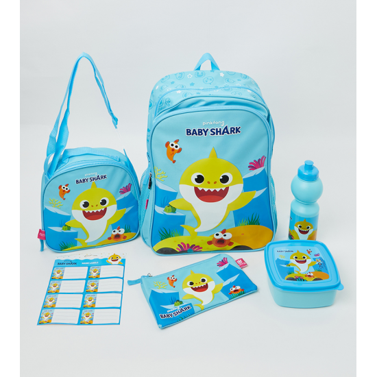 Back to school set bag Baby Shark 6 items ( 16 Trolley Lunch box Pencil Case Name Labels Water Bottle Lunch bag )