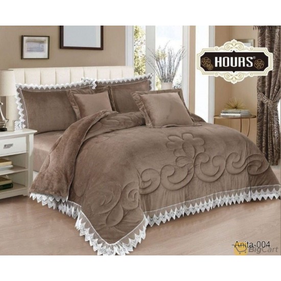 Double bed quilt 6 pieces winter velvet face and soft fur face with lace embroidery from Horse International, brown color Anita-004