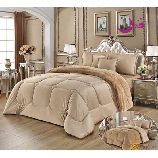 Comfortable and Warm Velvet Winter Fur Quilt Set, King Size (220 x 240 cm) Soft 6 Pieces, Beige Color from Moonlight International