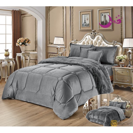 Comfortable and Warm Velvet Winter Fur Quilt Set, King Size (220 x 240 cm) Soft 6 Pieces, Gray Color from Moonlight International