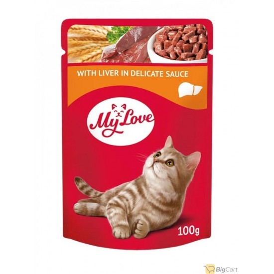 A packet of wet cat food with liver My Love