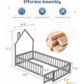 Tatub Double Montessori Floor Bed Frame with Railing and Roof, Montessori House Bed for Kids, Wooden Tent Floor Bed, Montessori Teepee Bed for Girls and Boys, Grey