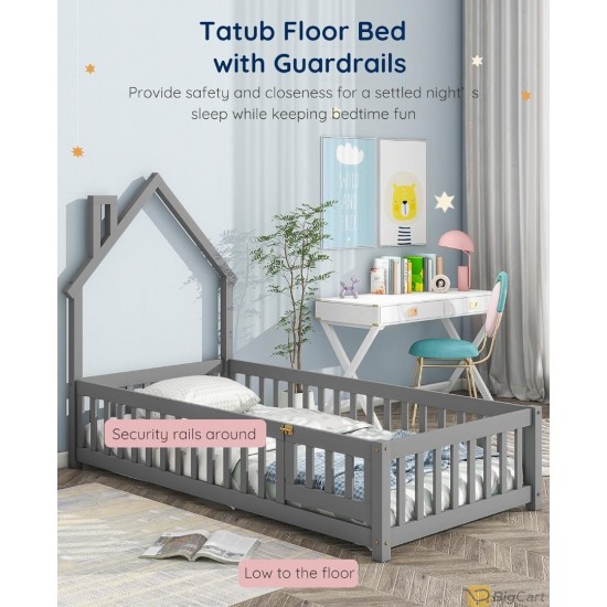 Tatub Double Montessori Floor Bed Frame with Railing and Roof, Montessori House Bed for Kids, Wooden Tent Floor Bed, Montessori Teepee Bed for Girls and Boys, Grey