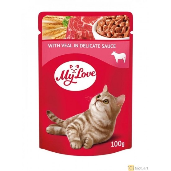 A sachet of wet cat food with meat My Love