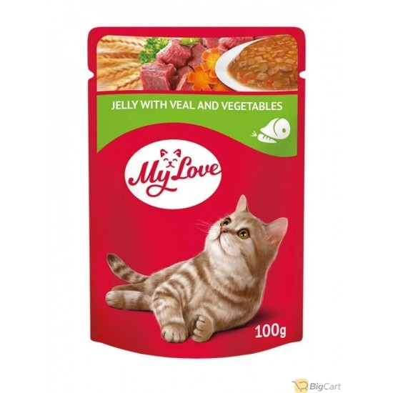 A packet of wet cat food with meat and vegetables My love