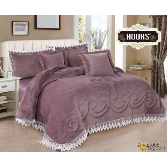 Double bed comforter 6 pieces winter velvet face and soft fur face with lace embroidery from Horse International, lilac color Anita-006