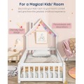 Tatub Double Montessori Floor Bed Frame with Railing and Roof, Montessori House Bed for Kids, Wooden Tent Floor Bed, Montessori Teepee Bed for Girls and Boys, White