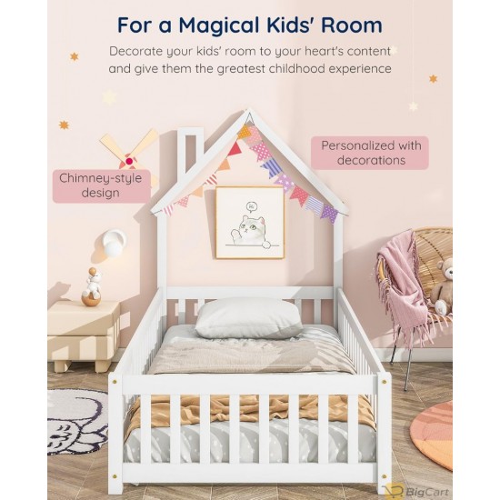 Tatub Double Montessori Floor Bed Frame with Railing and Roof, Montessori House Bed for Kids, Wooden Tent Floor Bed, Montessori Teepee Bed for Girls and Boys, White