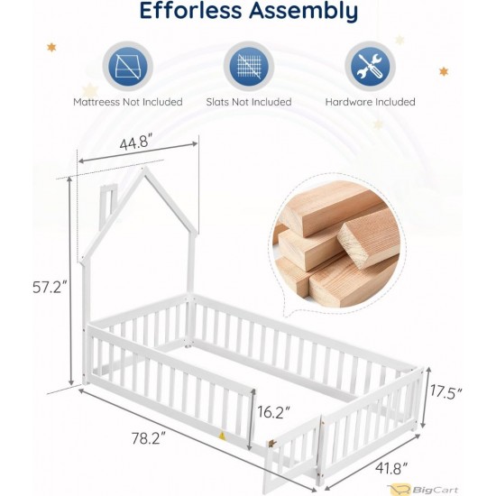 Tatub Double Montessori Floor Bed Frame with Railing and Roof, Montessori House Bed for Kids, Wooden Tent Floor Bed, Montessori Teepee Bed for Girls and Boys, White