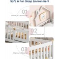 Tatub Double Montessori Floor Bed Frame with Railing and Roof, Montessori House Bed for Kids, Wooden Tent Floor Bed, Montessori Teepee Bed for Girls and Boys, White