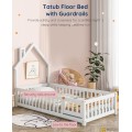 Tatub Double Montessori Floor Bed Frame with Railing and Roof, Montessori House Bed for Kids, Wooden Tent Floor Bed, Montessori Teepee Bed for Girls and Boys, White