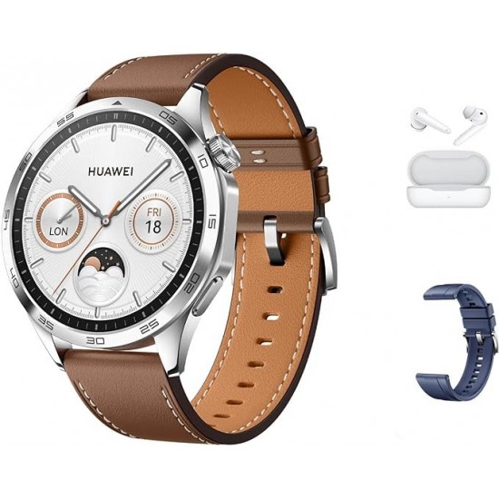 HUAWEI WATCH GT 4 46mm Smart Watch 14 Days Battery Life Science-based Calorie Management Dual Band Five System GNSS Position Heart Rate Monitor Android & iOS Brown + FreeBuds SE White +Huawei Watch GT4 46mm Strap