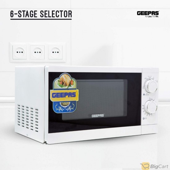 Geepas GMO1894 20L Microwave Oven | 1200W Solo Microwave with 6 Power Levels and a Timer | Cooking Power Control with 2 Rotary Dials & Defrost Settings | White