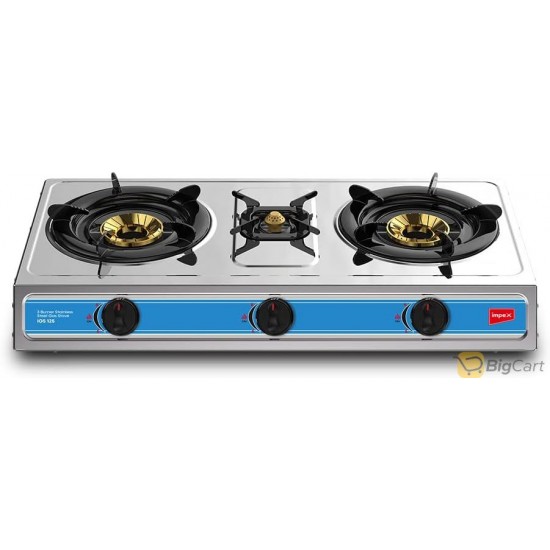 Ampex IGS 125 High Efficiency 3 Burner Stainless Steel Gas Stove with Self Ignition Knobs