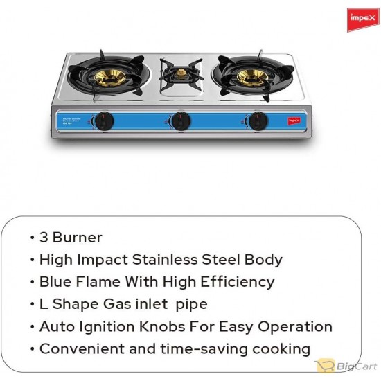 Ampex IGS 125 High Efficiency 3 Burner Stainless Steel Gas Stove with Self Ignition Knobs