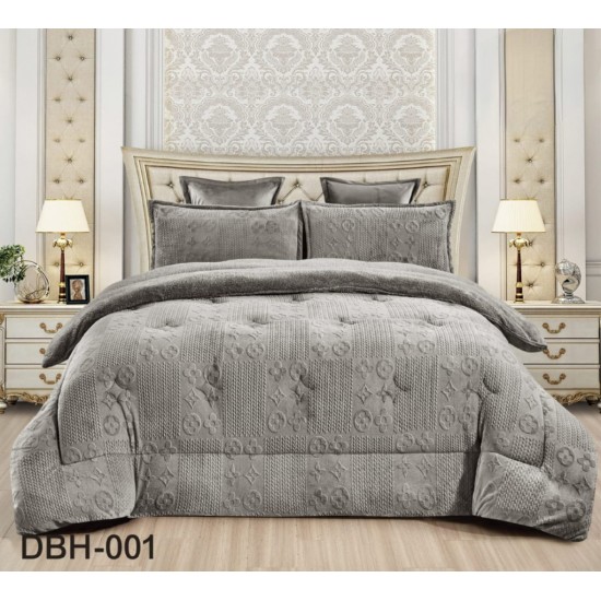 A winter comforter set made of warm fur and comfortable and soft double velvet a set of 6 pieces a velvet comforter on fur a velvet sheet 2 sleeping pillow covers 2 pillowcases 2 decorative pillow covers gray color