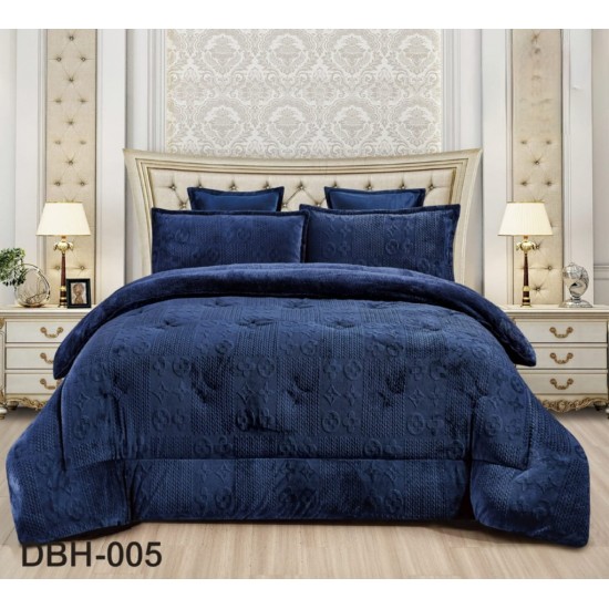 A winter comforter set made of warm fur and comfortable and soft double velvet a set of 6 pieces a velvet comforter on fur a velvet sheet 2 sleeping pillow covers 2 pillowcases 2 decorative pillow covers Dark blue color