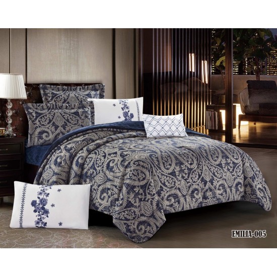 Feather Jacquard Royal Quilt Set with Comfortable and Soft Double Velvet Set of 7 Pieces  Dark blue Color