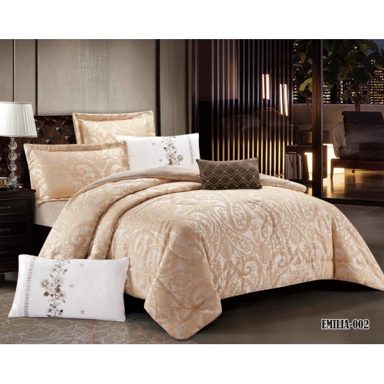 Feather Jacquard Royal Quilt Set with Comfortable and Soft Double Velvet Set of 7 Pieces Beige Color