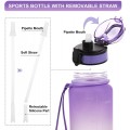 Water Bottle 1L with Time Marker Straw and Filter Tritan BPA Free for Fitness Gym and Outdoor Sports Purple
