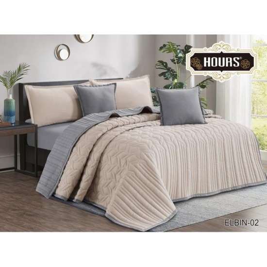 Bedspread quilt set of 6 pieces two sides beige and gray two sides compressed microfiber