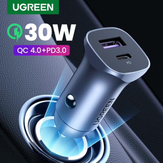 UGreen Car Charger Two Ports USB Port and PD Port 30W - Gray