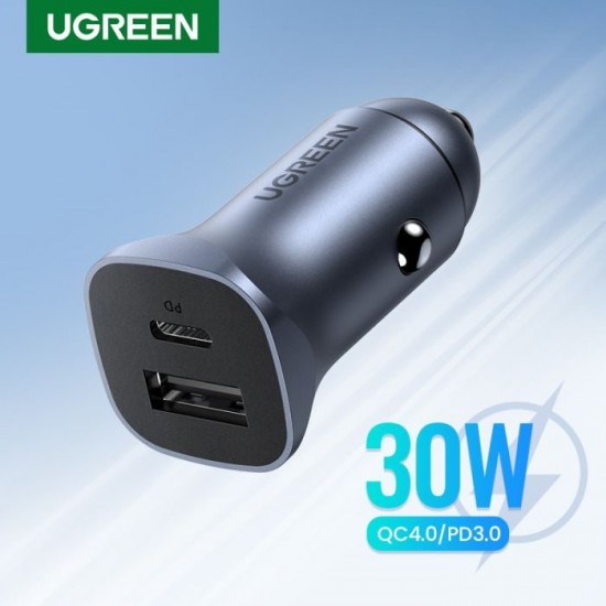 UGreen Car Charger Two Ports USB Port and PD Port 30W - Gray