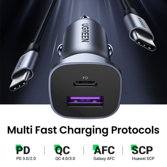 UGreen Car Charger Two Ports USB Port and PD Port 30W - Gray